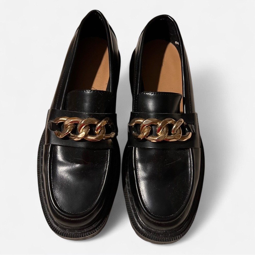 H&M Black Loafers with Gold Chain Detail